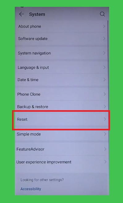 Reset on settings huawei honor devices