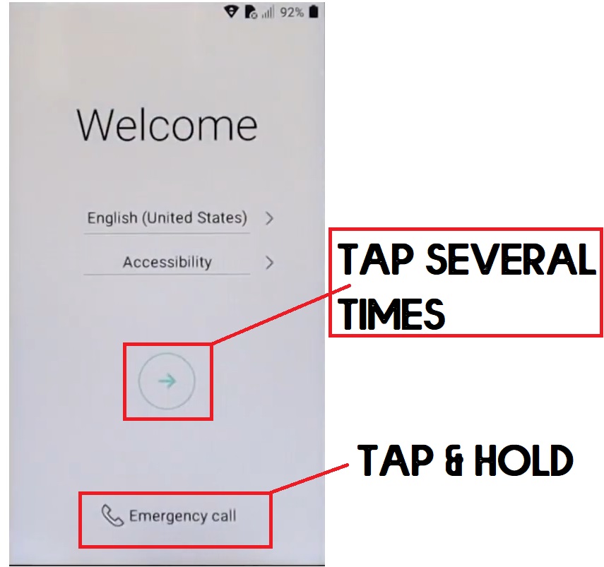 Tap Next and Emergency Call to LG FRP Bypass Unlock Google Account Android 7