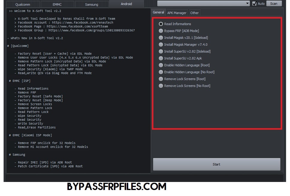 Android Options in Xsoft FRP unlock Tool for PC