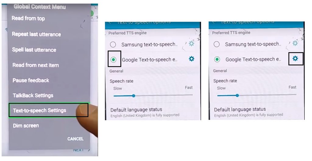 Select Text To Speech to Bypass Unlock Samsung Google Account FRP