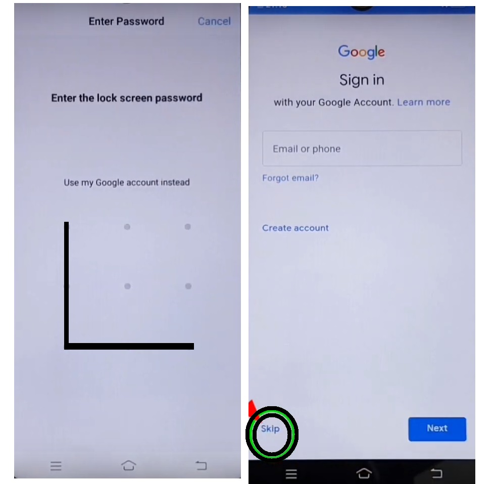 Draw Pattern and Tap skip to Vivo FRP Bypass unlock Google Account without Computer 