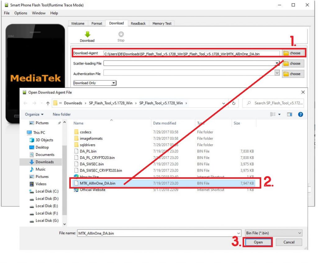 SP Flash Tool Select DA File to Bypass Unlock FRP