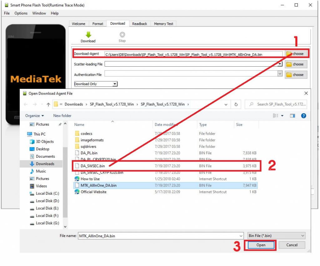 Select DA file in SP Flash Tool to Bypass Unlock FRP