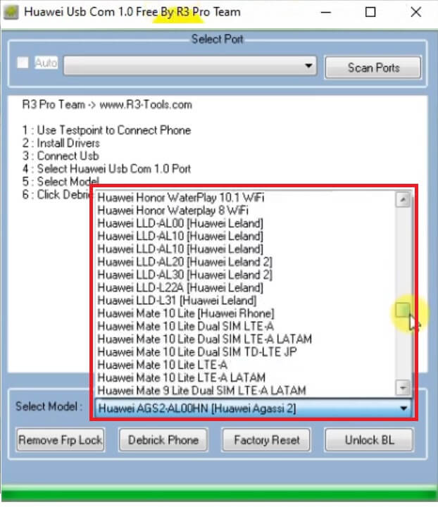Selecteer apparaatmodel in R3 Pro Huawei COM 1.0 Tool