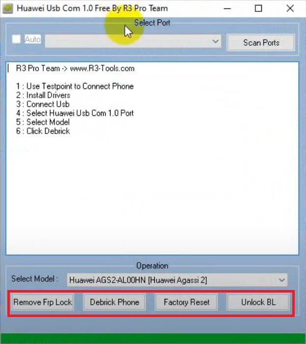 Use R3 Pro Huawei COM 1.0 Tool for Remove FRP/ Debrick/ Unlock Bl/ Factory Reset