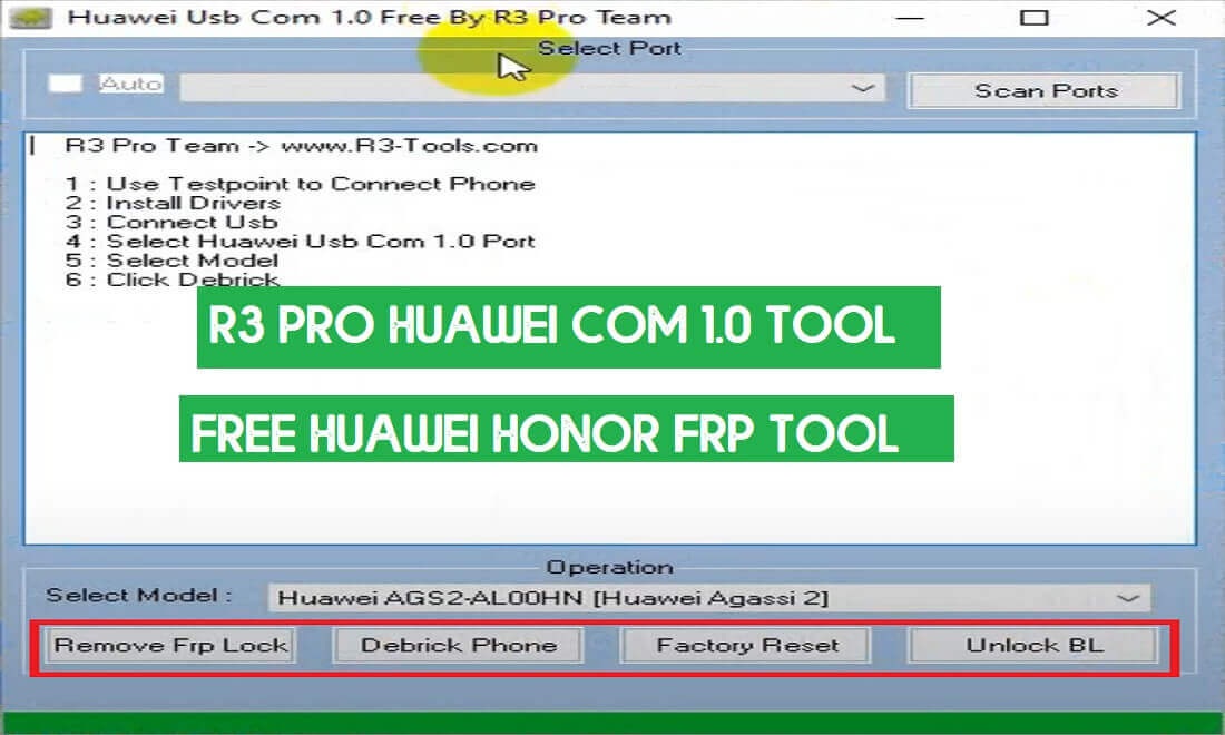 Descargue la herramienta R3 Pro Huawei COM 1.0 - Herramienta gratuita de restablecimiento de FRP de Huawei Honor
