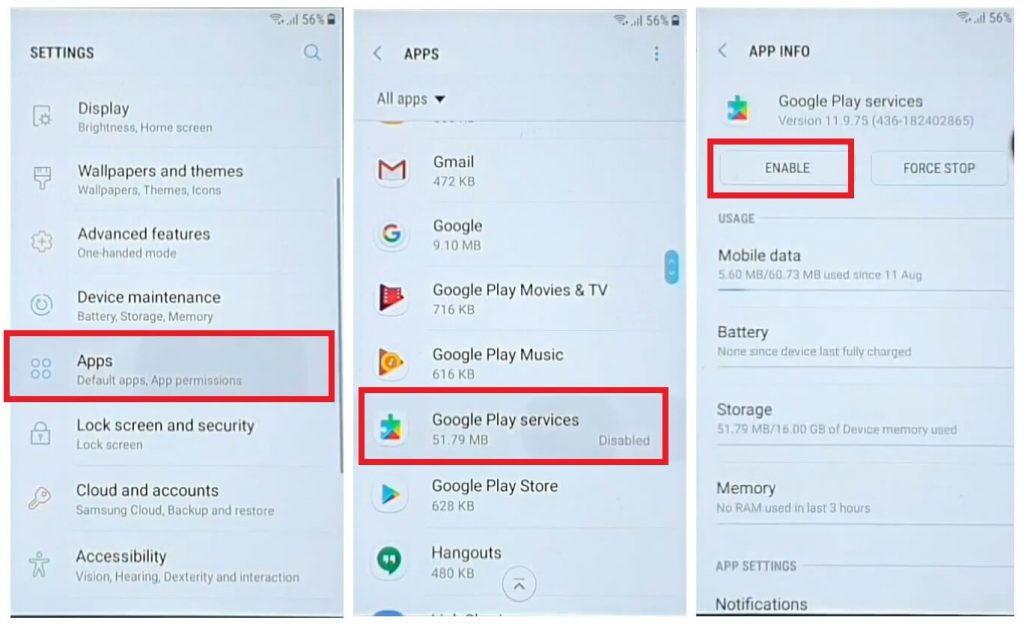 Enable Google Play Services to Bypass unlock Google Account