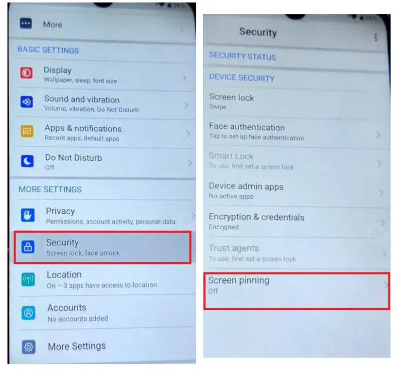 Choose Screen Pinning to Lenovo Android FRP Bypass Unlock Google GMAIL Lock verification