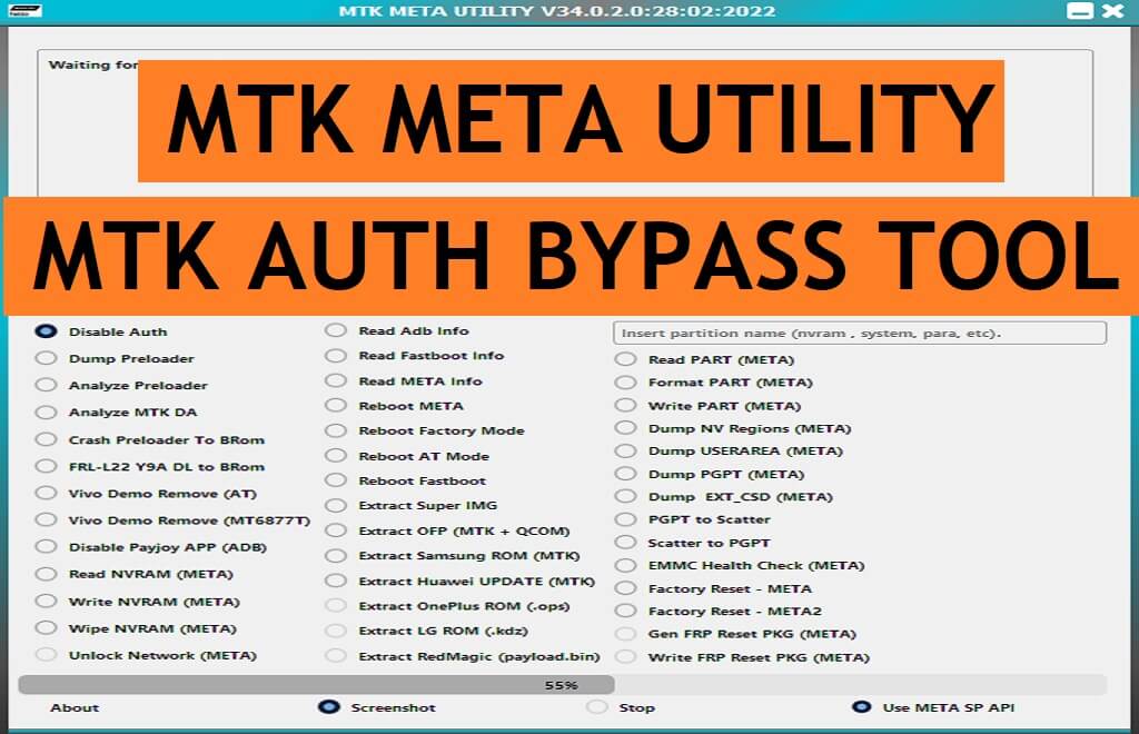 MTK Auth Bypass Tool V34 - เครื่องมือยูทิลิตี้ MTK Meta (Secure Boot Disable) ดาวน์โหลดเวอร์ชันล่าสุด