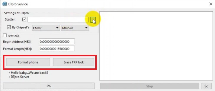 Format ponsel atau hapus FRP di Alat Layanan DTPro MTK - Alat Hapus Pengunci Pengguna FRP MTK