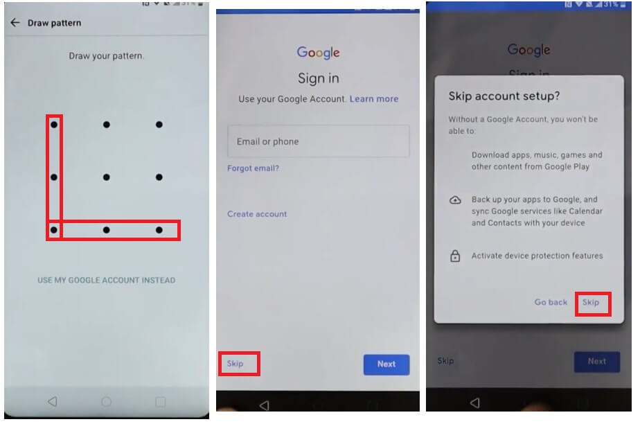 Draw pattern to LG Android 8.1 FRP Bypass Unlock Google GMAIL Lock Account Verification Reset