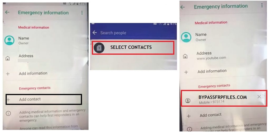 Select Contacts to HTC Android 9 FRP Bypass Unlock Google Account Verification
