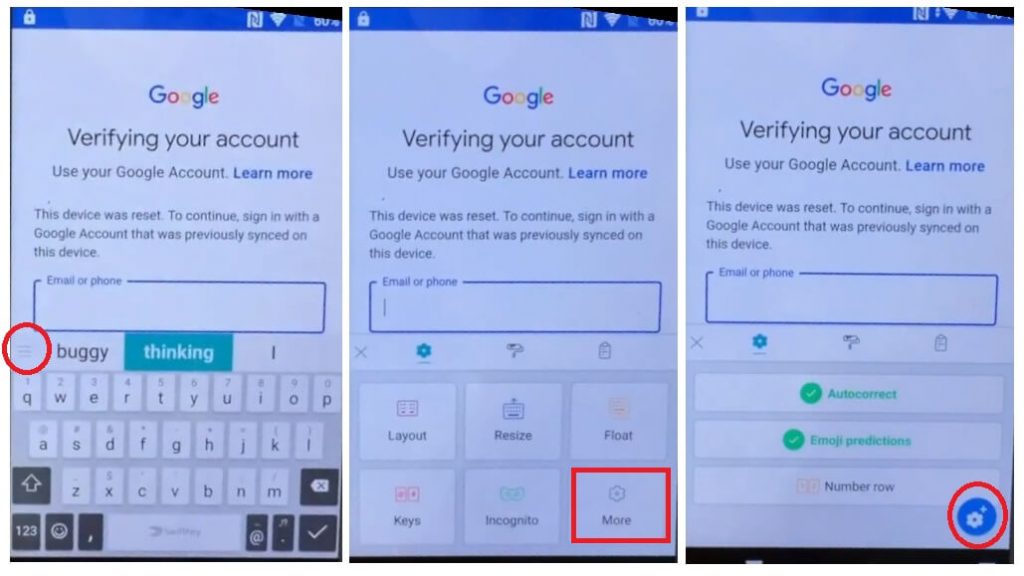 Tap 3 dots to Sony Android 8 FRP Bypass Unlock Google Account GMAIL Verification
