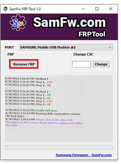 Click Remove FRP to SamFW FRP Tool V1 Download Free Android 9, 10, 11, 12 FRP ADB Enable One-Click Tool