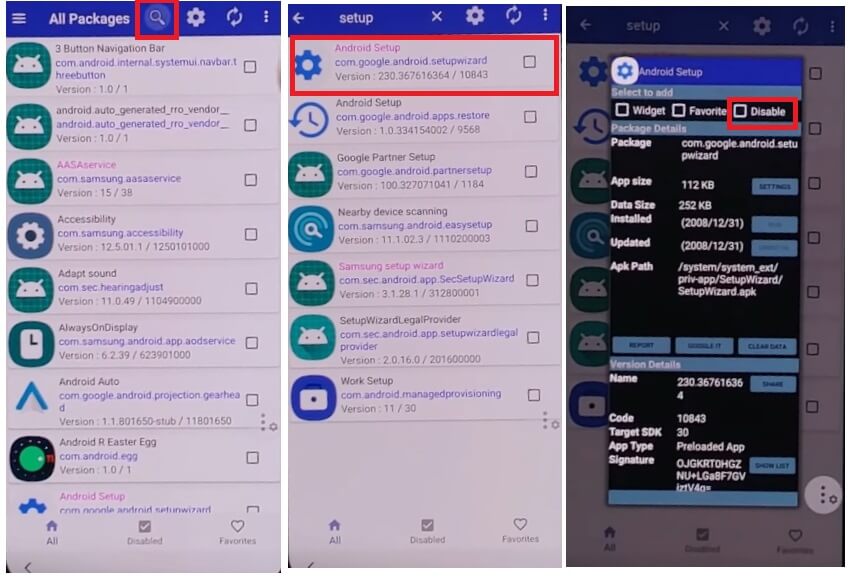 Disable Android Setup on Package Disabler Pro to Samsung FRP Bypass Android 11, 12 Without PC, Knox, No Alliance Shield - No Test Point Free