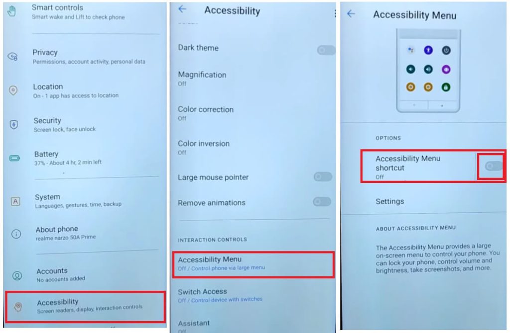 Turn on Accessibility Menu Shortcut to Realme R Edition FRP Bypass Android 11 Without PC & APK Google Unlock Bypass Free