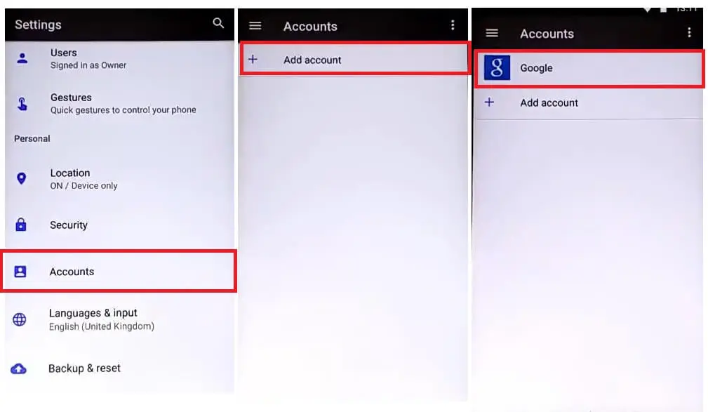 Select Accounts add Google Account to Evolveo StrongPhone FRP Bypass [Fix Youtube & Location Update] (Android 7.0) – Without PC