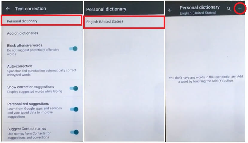 Wählen Sie „Persönliches Wörterbuch“, um HomTom FRP Unlock (Android 5.1) zu verwenden. Google Gmail-Verifizierungssperre ohne PC umgehen