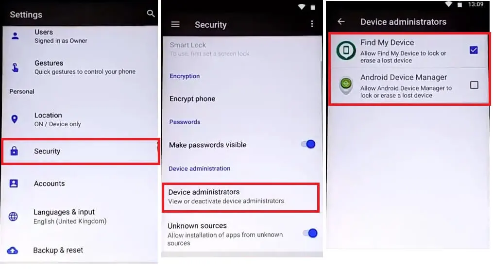 Schakel beide apparaatbeheerders in voor HomTom FRP Bypass Fix YouTube en locatie-update (Android 7.0-7.1) – Ontgrendel Google Lock zonder pc