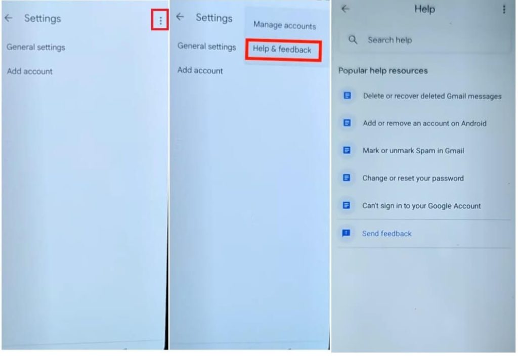 Selecione Ajuda e feedback para Tecno FRP Bypass Android 12 Google Gmail Unlock sem PC