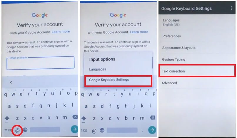 Select Google Keyboard Settings to Uhans FRP Bypass Unlock Google Gmail 
