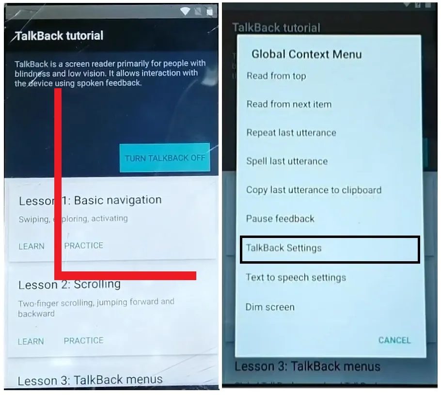 Schakel Talkback in en teken L naar Uhans FRP Bypass Fix YouTube- en locatie-update (Android 7.0) – Ontgrendel Google gratis