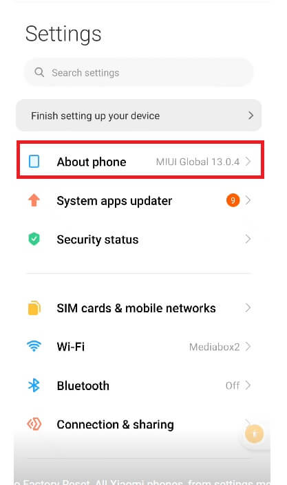 Go To About Phone to Xiaomi Redmi Hard Reset & Factory Reset  (Redmi Note 12 Pro plus)