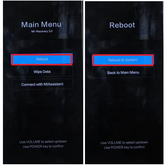 Tap on Reboot to System to Xiaomi MI, Redmi Hard Reset & Factory Reset