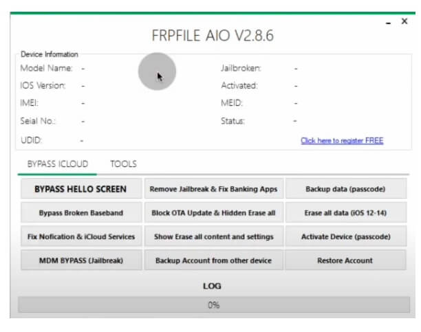 Bypass iCloud Functions on iFrpfile All In One Tool v2.8.5 AIO iCloud Bypass