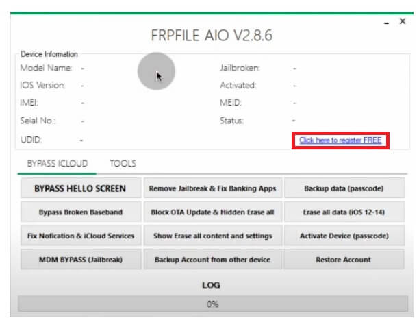 Register serial number on iFrpfile All In One Tool v2.8.5 AIO iCloud Bypass