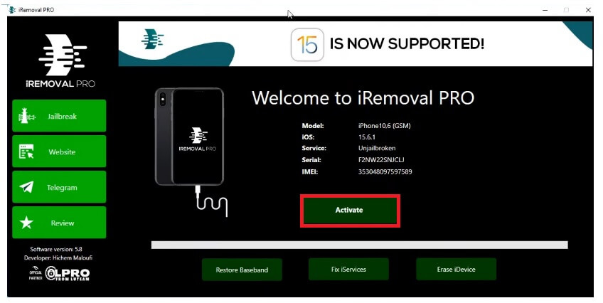 Click Activate on iRemoval Pro Tool v6.1.1 (iRa1n v4.1) 