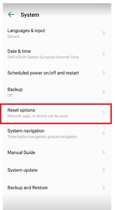 Open Reset Options to Infinix Note Hard Reset & Factory Reset