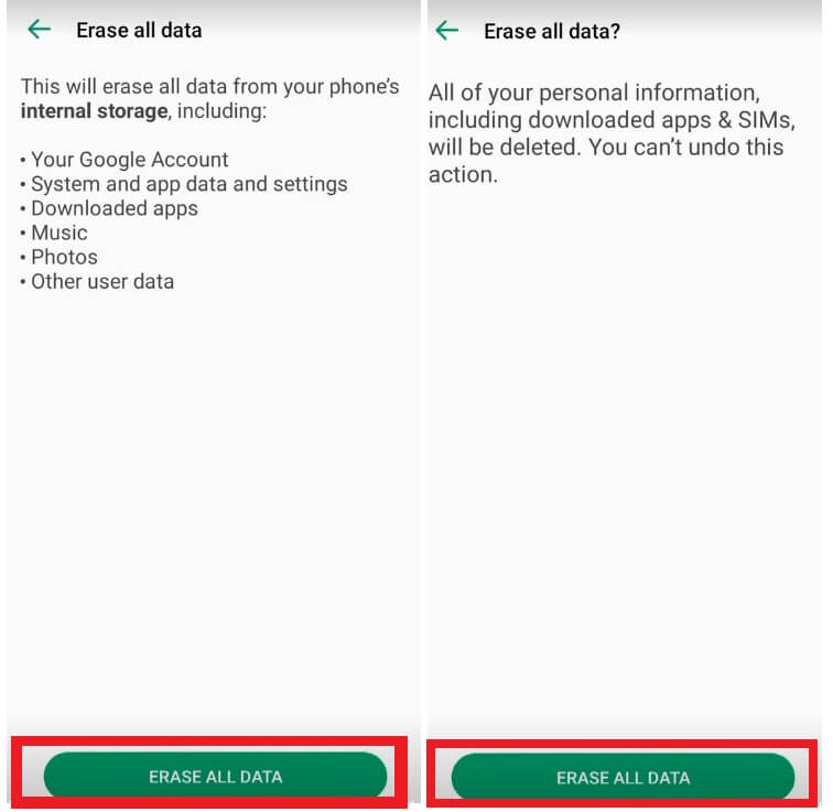 Select Erase All Data to Infinix Note Hard Reset & Factory Reset