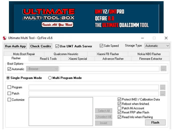 UMT QCFire Tool Última configuración v8.8: herramienta con un clic (FRP/Flash/Eliminar bloqueo de pantalla) para Qualcomm