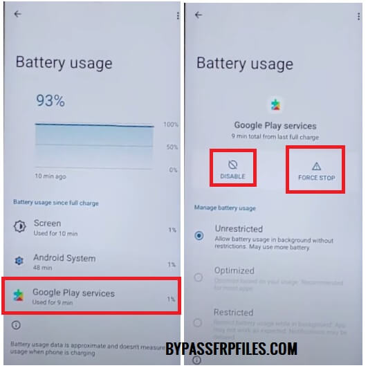 Check Google Play Services will be listed, Click Disable to Bypass Google Verification FRP Lock on Motorola Moto Android 13