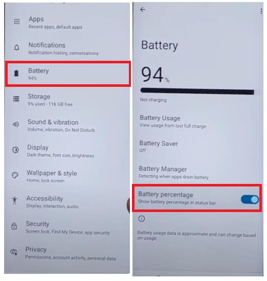 Enable Battery percentage to Bypass Google Verification FRP Lock on Motorola Moto Android 13